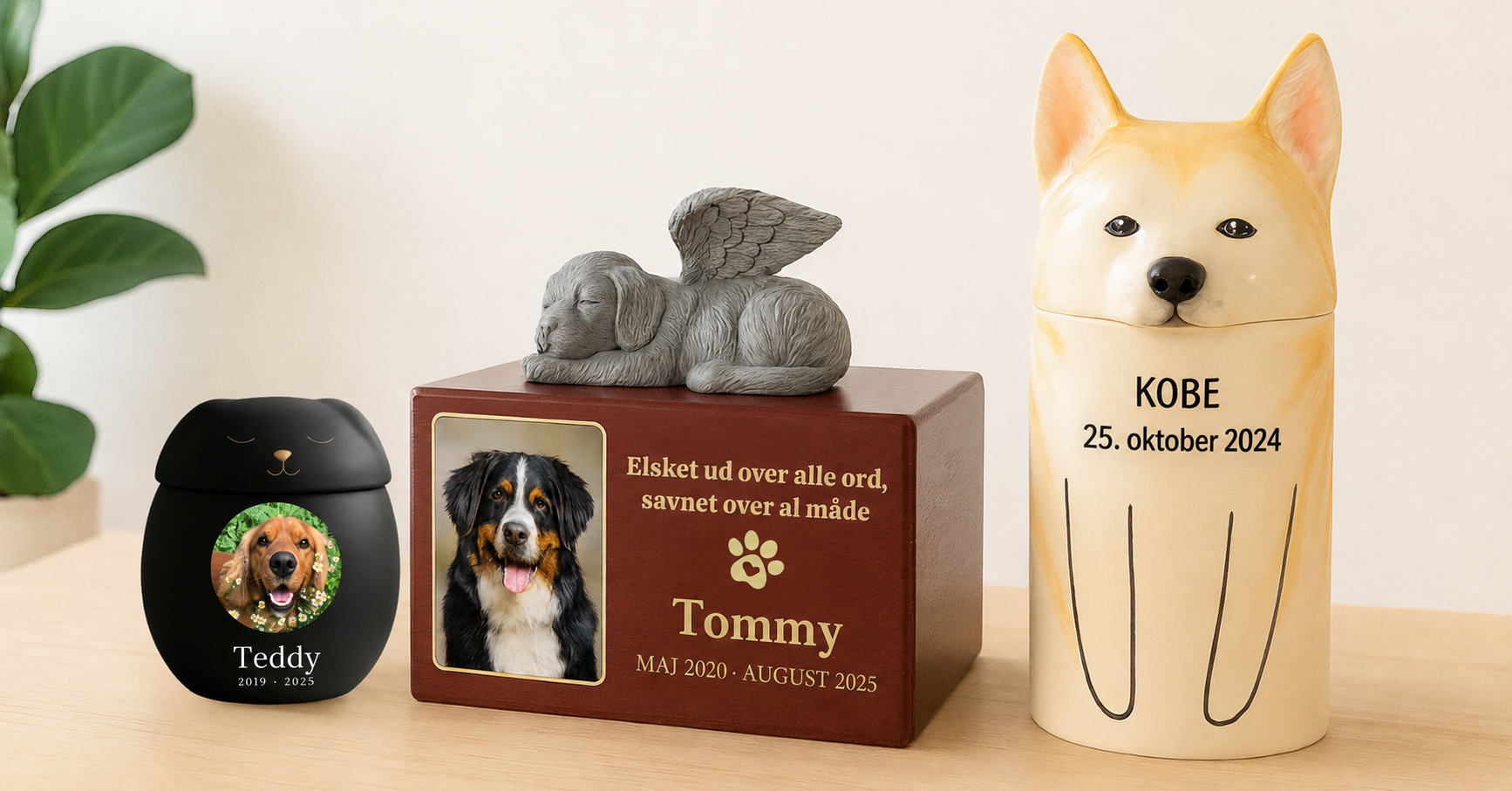 Three dog urns on a table for Teddy, Tommy, and Kobe, showing different styles and sizes for pet ashes and memorials.